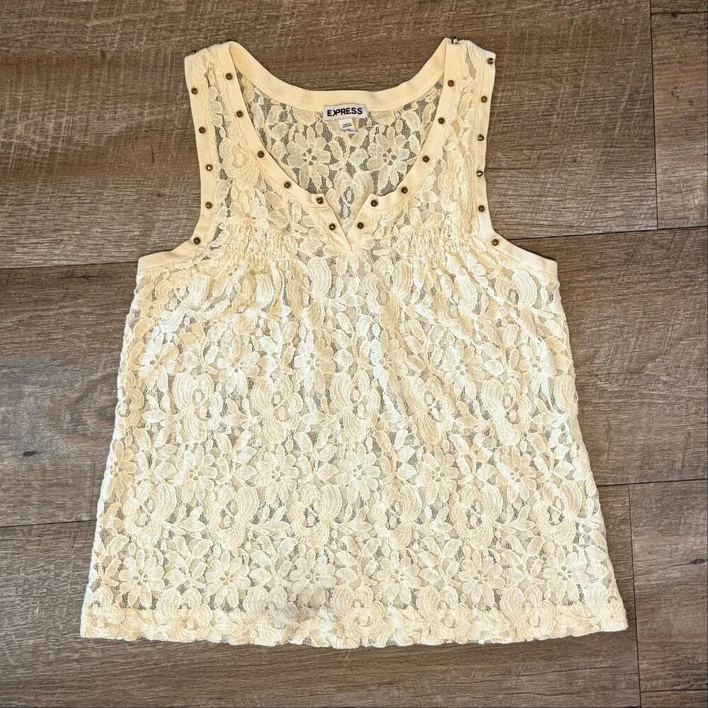 Express Cream Flower Tank Gold Stud Boho Y2K Size XS